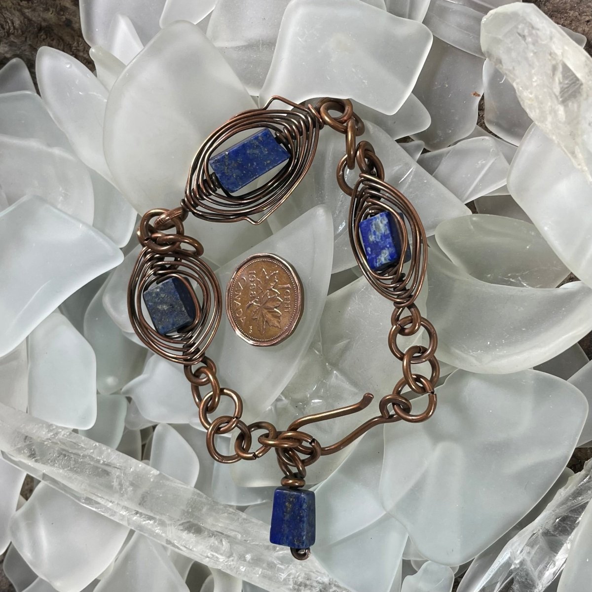 True Blue Lapis Lazuli Chain Bracelet top - Wrapped and Ornamented with Copper - Attached to Antiqued Copper Chain - Adjustable