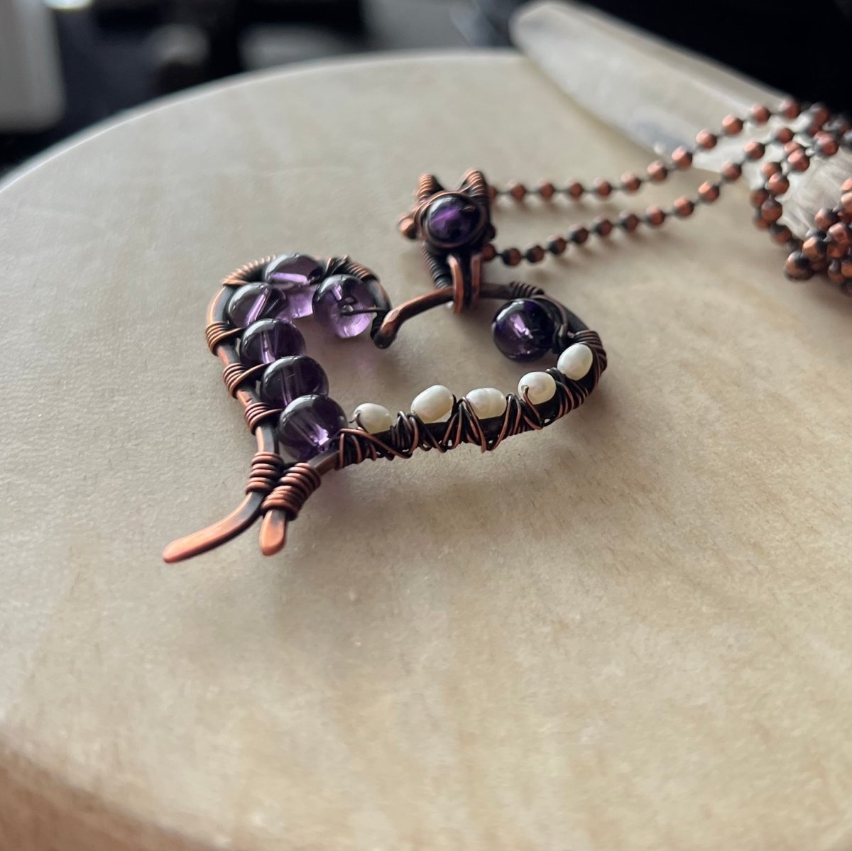 Amethyst and Pearl Stylized Heart Necklace - Mother Of Metal - amethyst - Copper - For Her - Necklaces