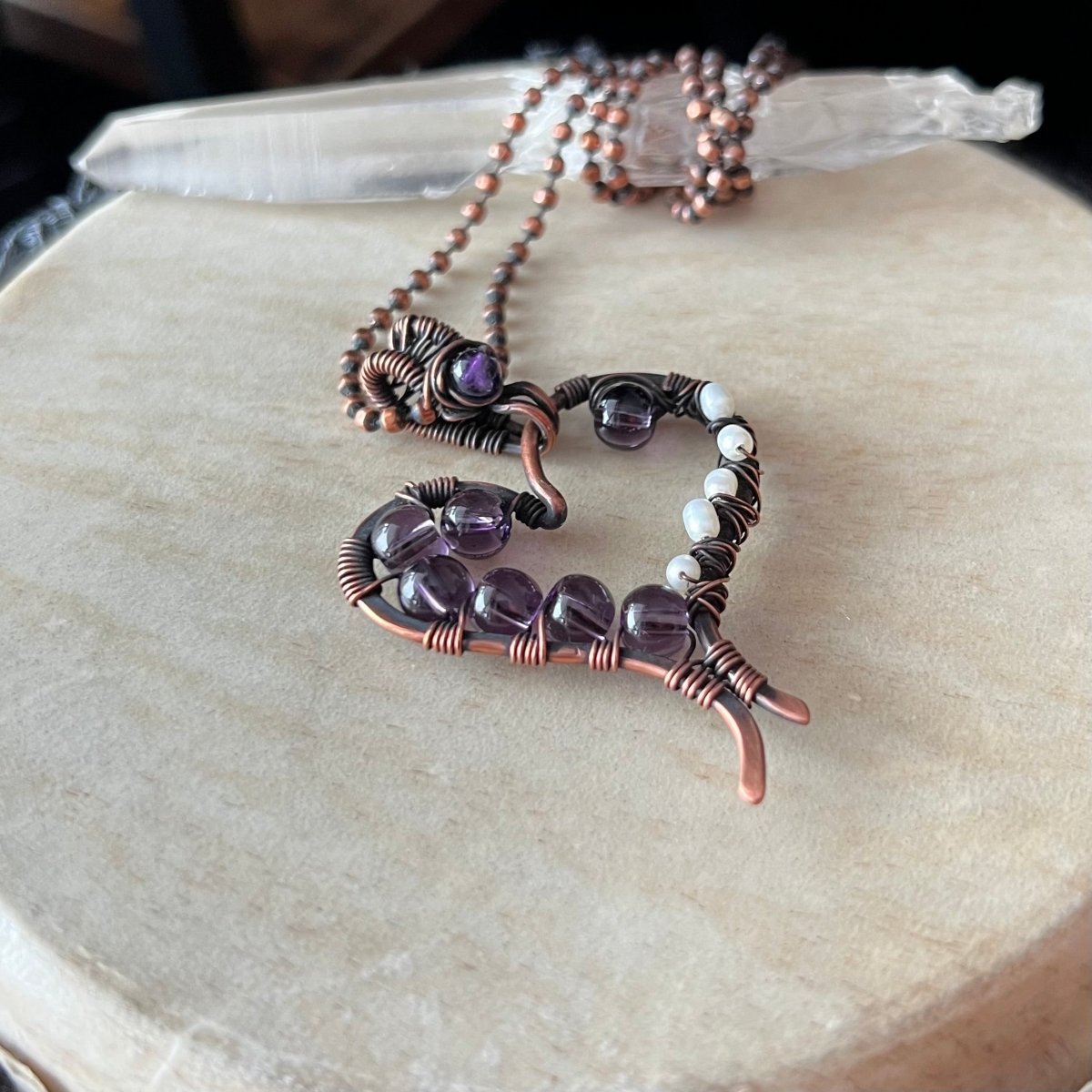 Amethyst and Pearl Stylized Heart Necklace - Mother Of Metal - amethyst - Copper - For Her - Necklaces