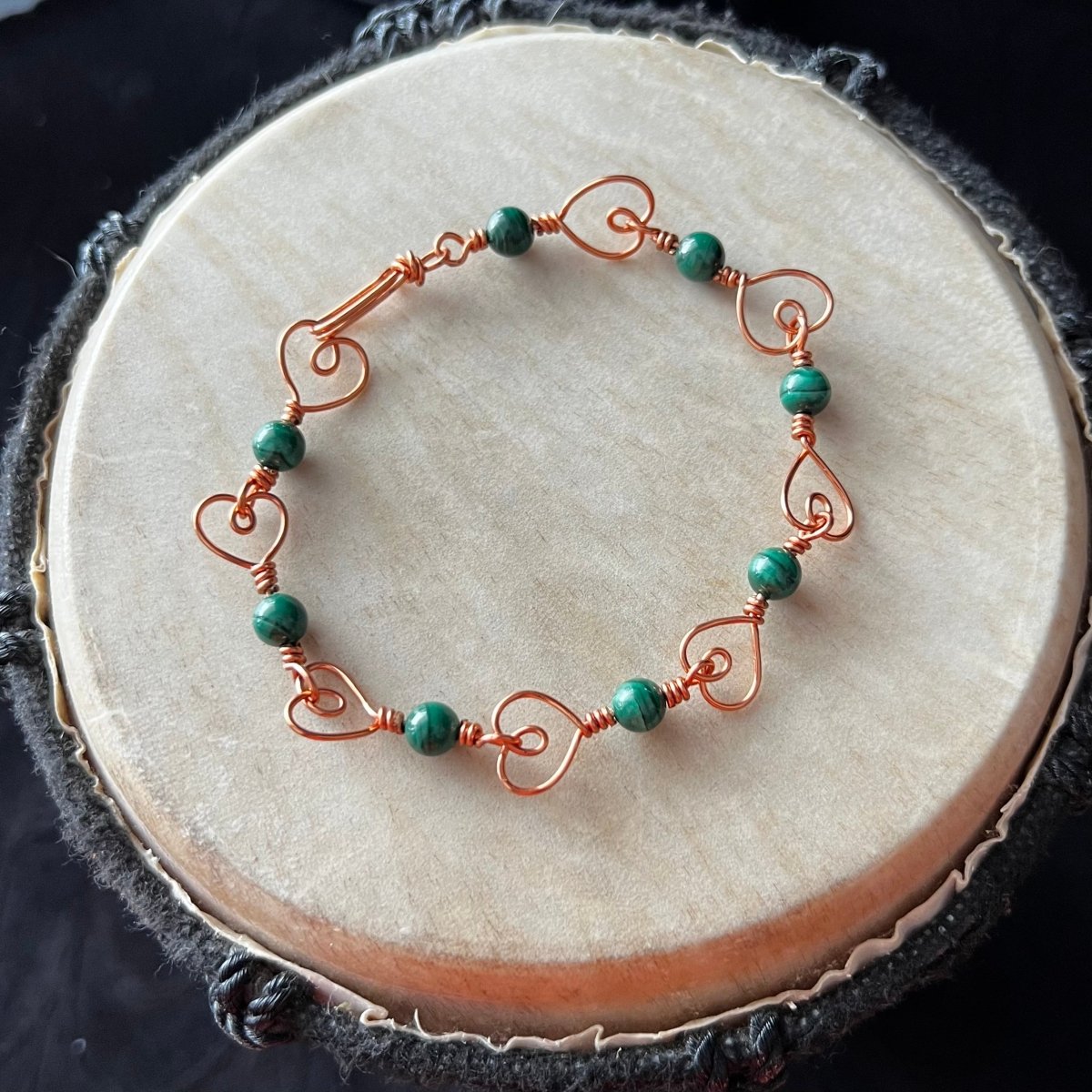 Malachite Hearts Link Bracelet - Mother Of Metal - bracelets - Copper - For Her - beaded chain links