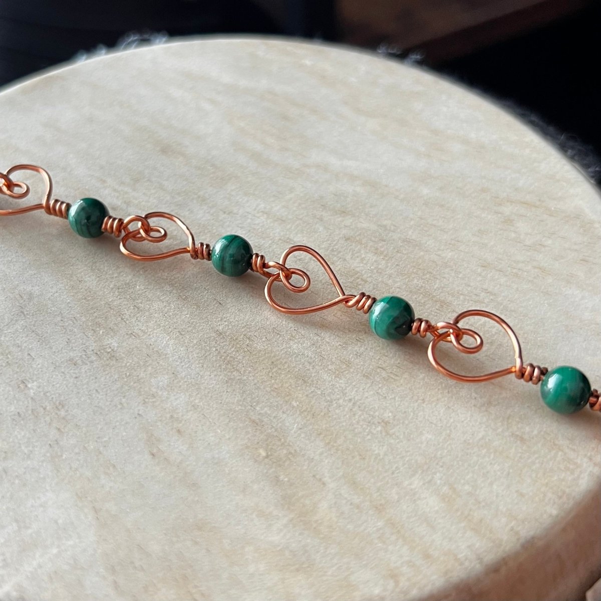 Malachite Hearts Link Bracelet - Mother Of Metal - bracelets - Copper - For Her - beaded chain links