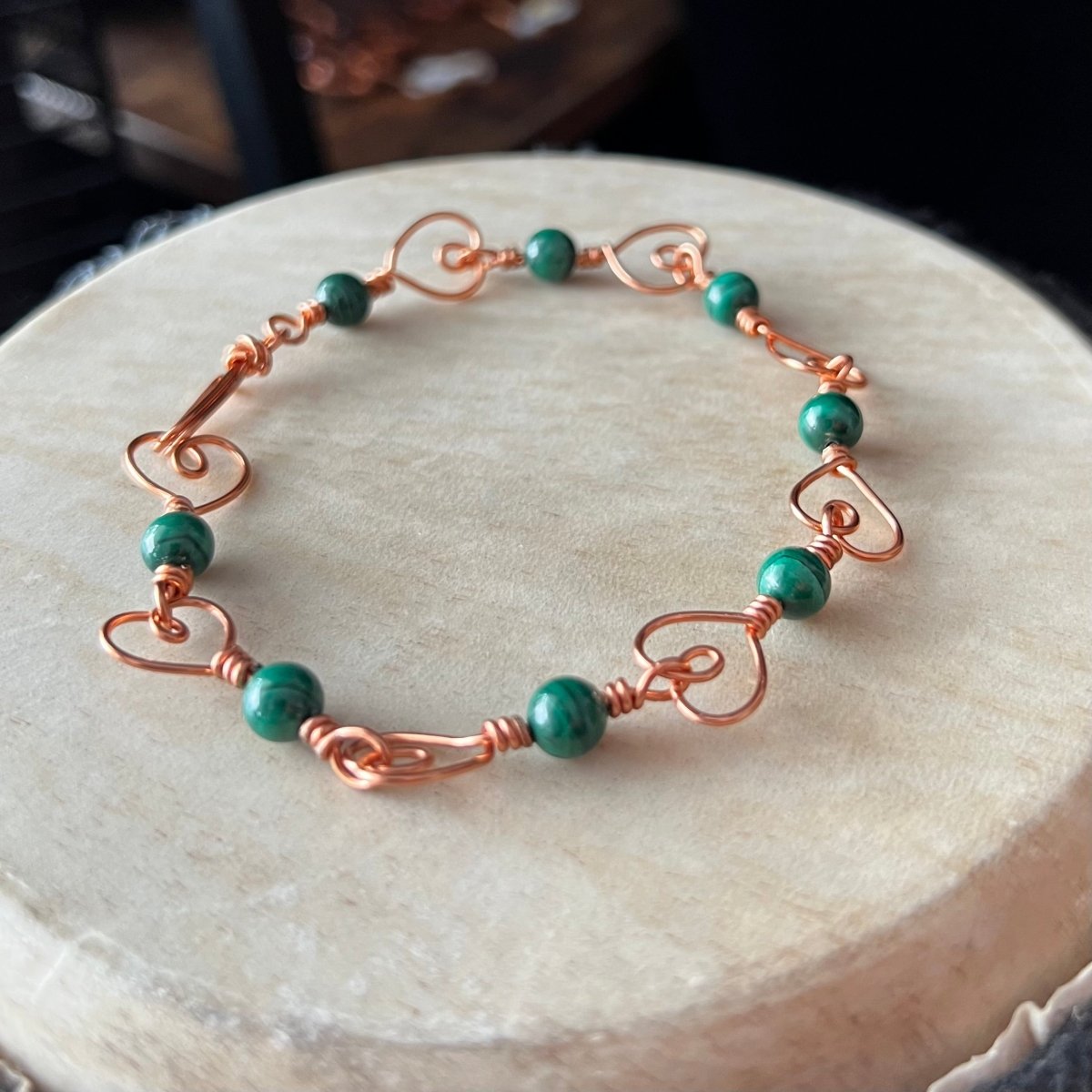 Malachite Hearts Link Bracelet - Mother Of Metal - bracelets - Copper - For Her - beaded chain links