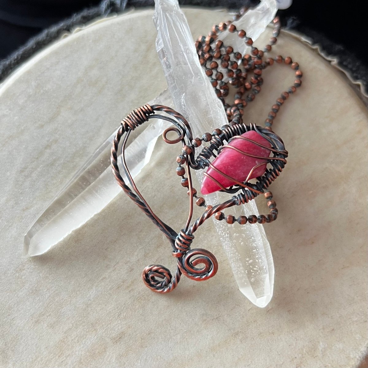 Rhodochrosite Stylized Heart Necklace - Mother Of Metal - Copper - For Her - For Necks - Necklaces