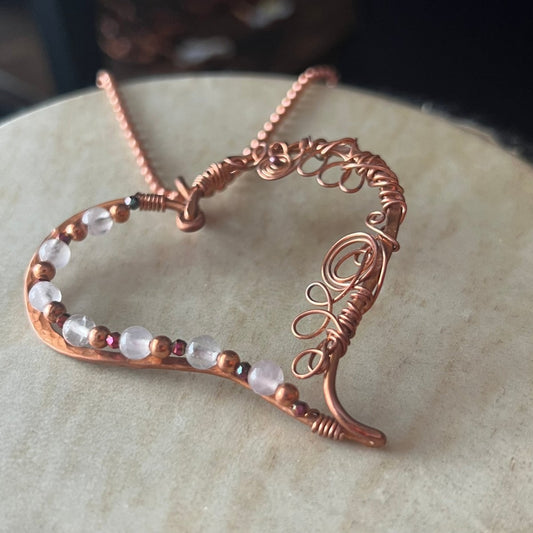 Rose Quartz Stylized Heart Necklace - Mother Of Metal - Copper - For Her - For Necks - Necklaces