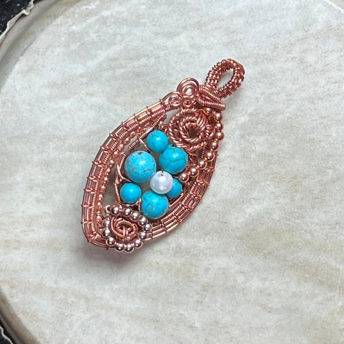 Turquoise, Magnesite, Pearl Pendant - Mother Of Metal - Copper - For Her - For Necks - Charms & Pendants