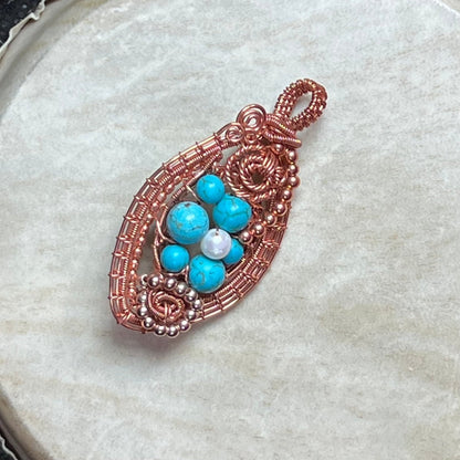 Turquoise, Magnesite, Pearl Pendant - Mother Of Metal - Copper - For Her - For Necks - Charms & Pendants