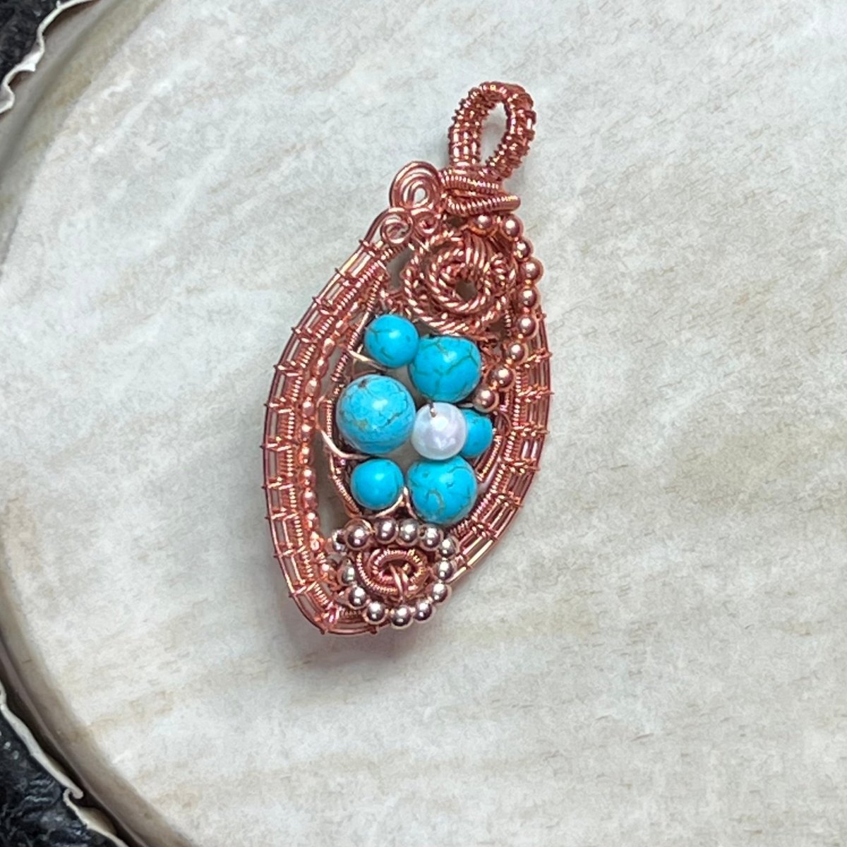 Turquoise, Magnesite, Pearl Pendant - Mother Of Metal - Copper - For Her - For Necks - Charms & Pendants