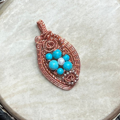 Turquoise, Magnesite, Pearl Pendant - Mother Of Metal - Copper - For Her - For Necks - Charms & Pendants