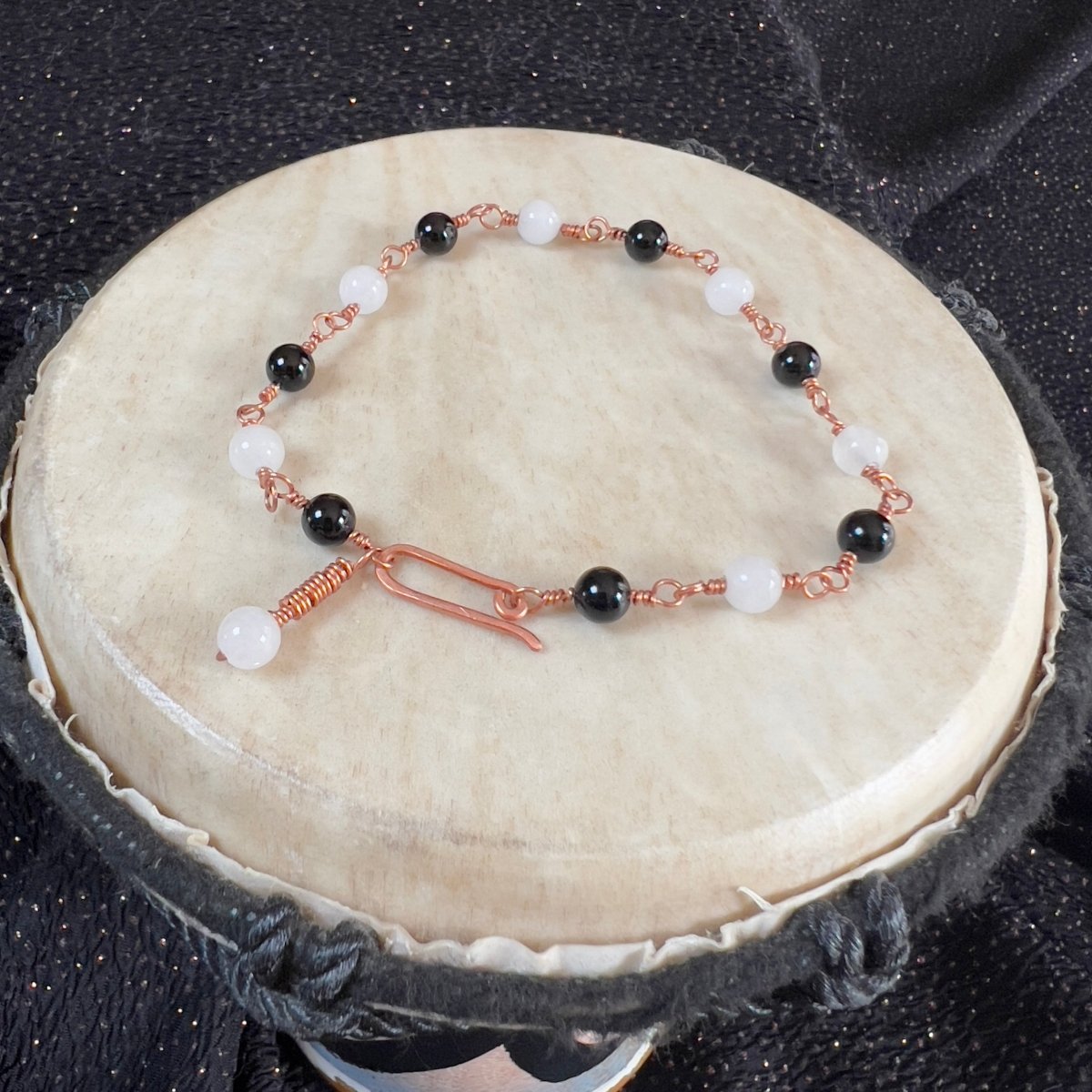 White Jade and Black Agate Rosary - style Bracelet - Mother Of Metal - black agate - Copper - For Her - beaded chain links