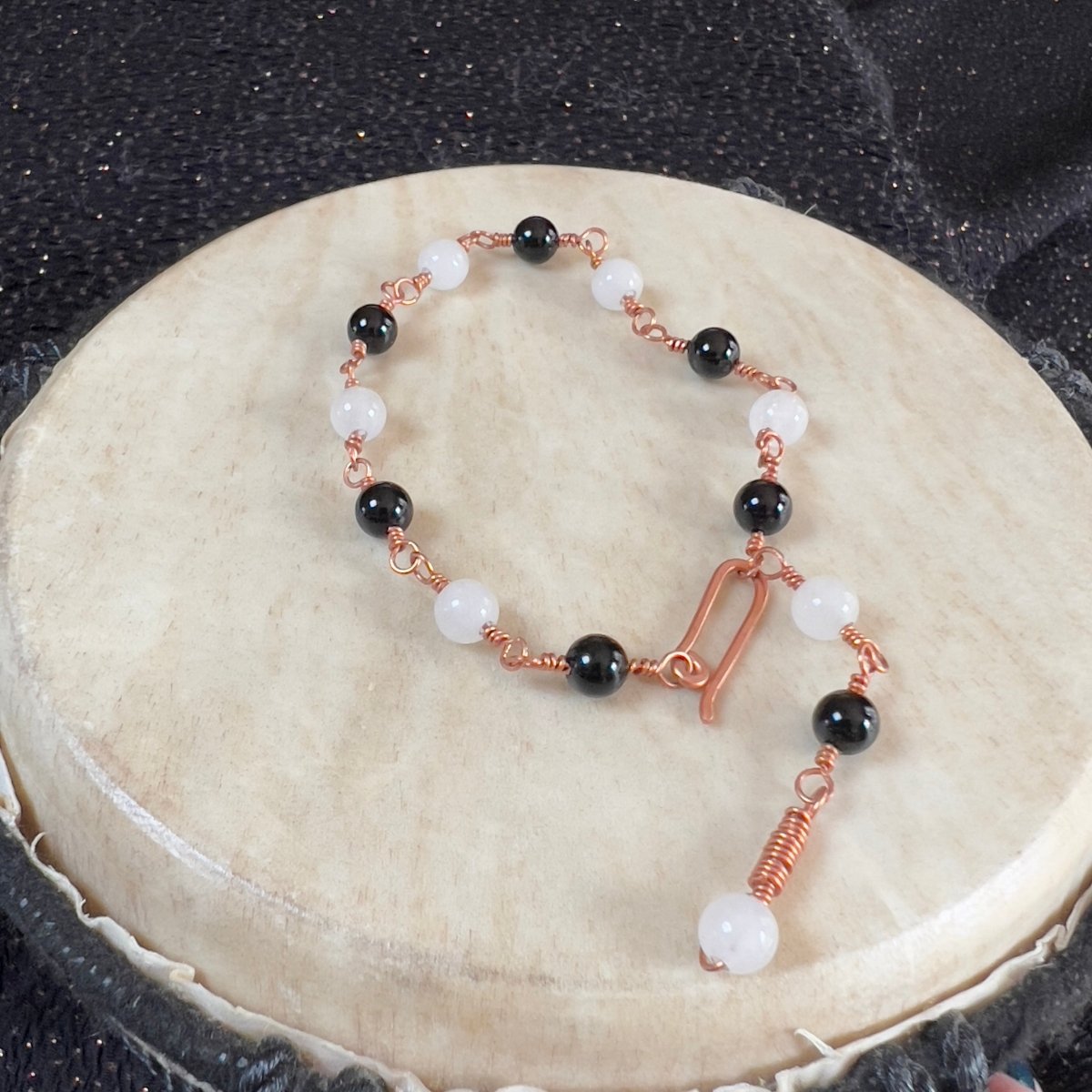 White Jade and Black Agate Rosary - style Bracelet - Mother Of Metal - black agate - Copper - For Her - beaded chain links