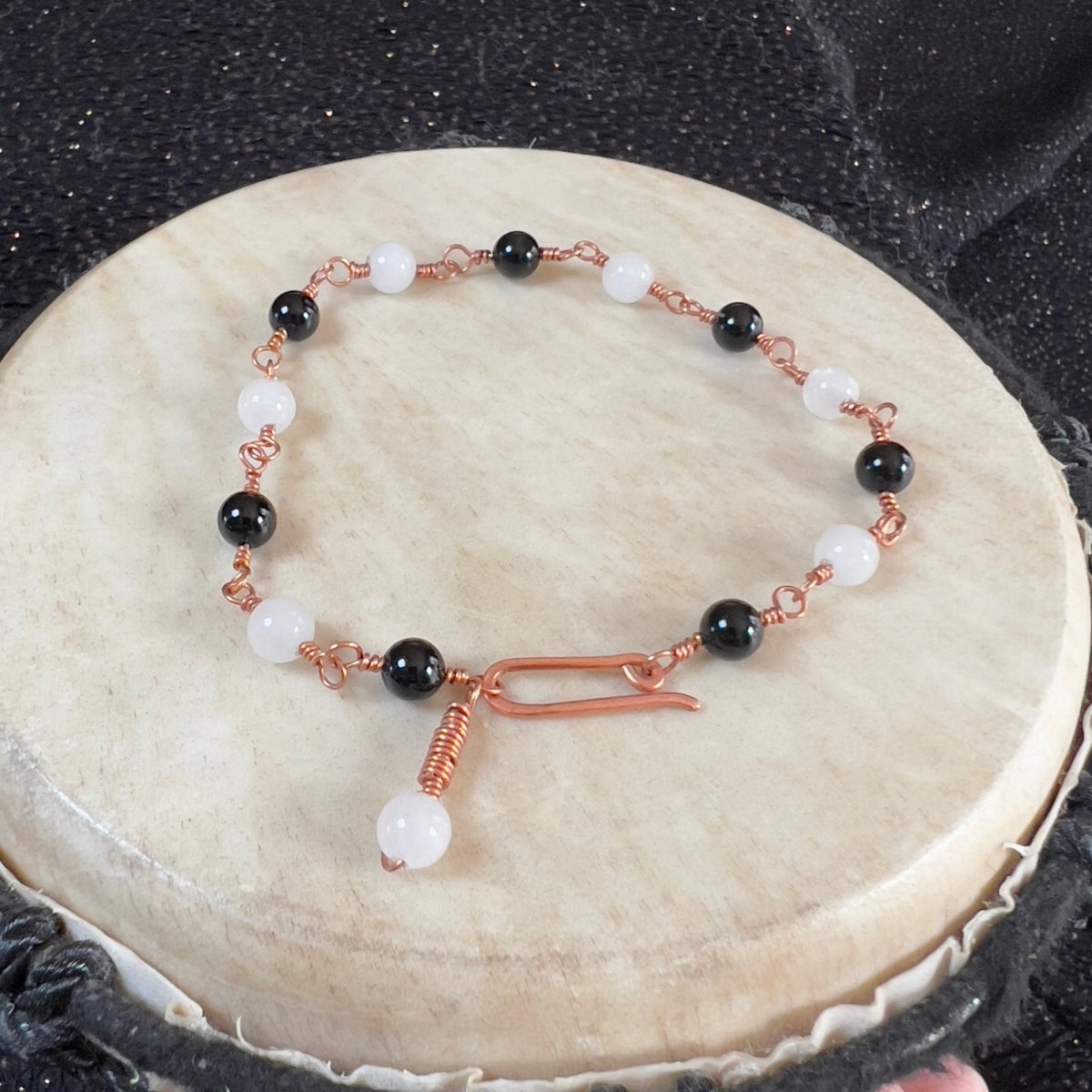 White Jade and Black Agate Rosary - style Bracelet - Mother Of Metal - black agate - Copper - For Her - beaded chain links