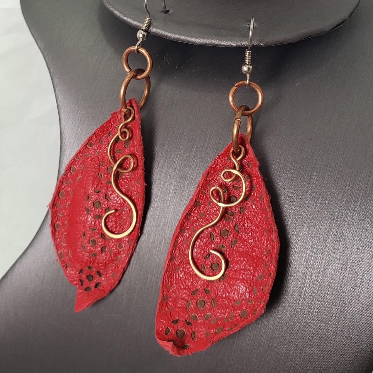 Red Leather Copper Ziggy Dangles Earrings - Mother Of Metal - For Ears - For Her - -Earrings